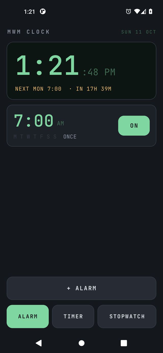 MWM Clock: the time and next alarm on a sage display above a list of alarms, with alarm, timer and stopwatch tabs