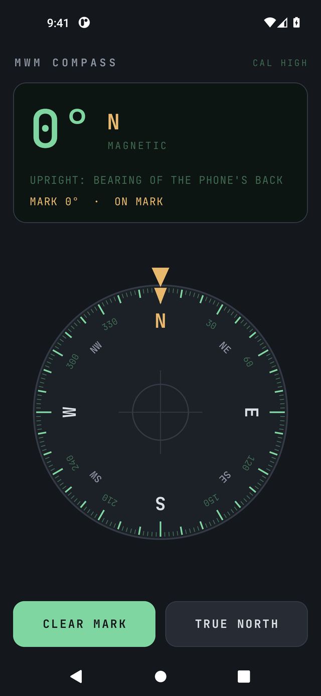 MWM Compass: the heading readout above a turning compass card with a bubble level in the middle