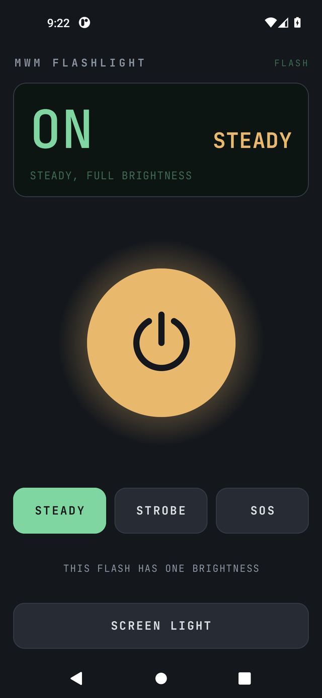MWM Flashlight: one large round button on a dark screen with the torch status below