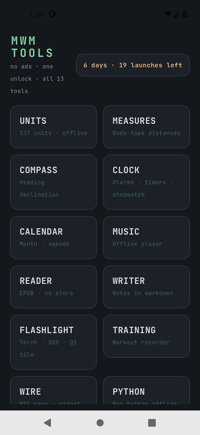 The MWM Tools home screen: a grid of thirteen tool cards under the wordmark