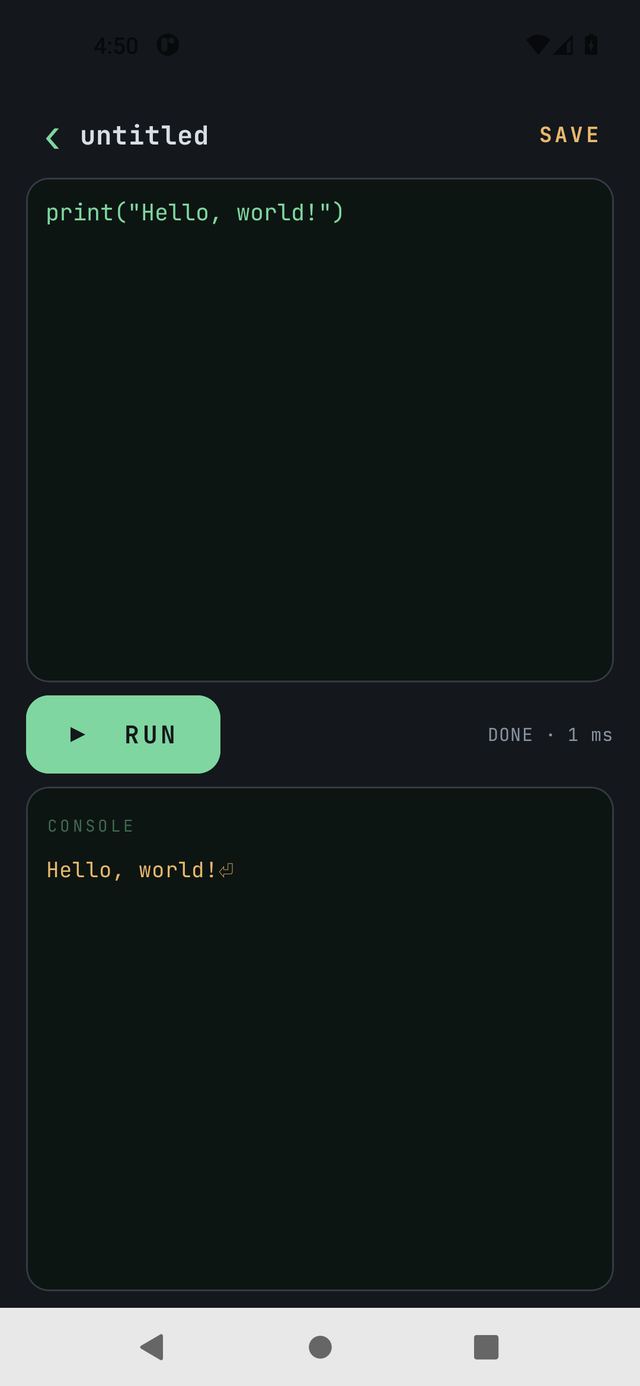 MWM Python: a Hello program on a phosphor editor screen with the amber RUN button and the console underneath