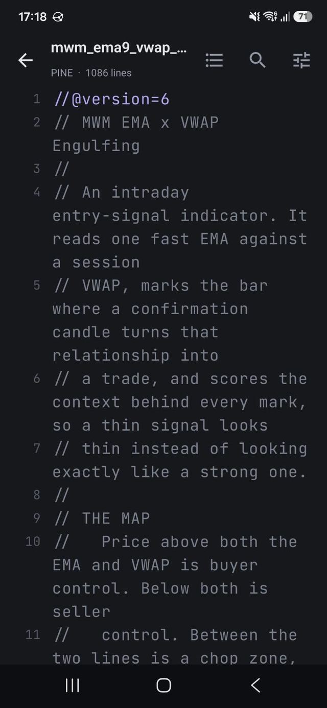 MWM Reader showing a long code file with syntax colouring and line numbers on a dark theme