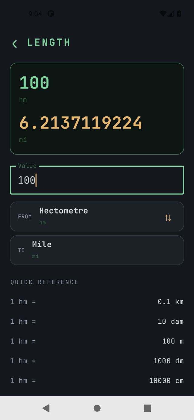 MWM Units: the length converter showing 100 hectometres on a sage display and the mile result in amber below