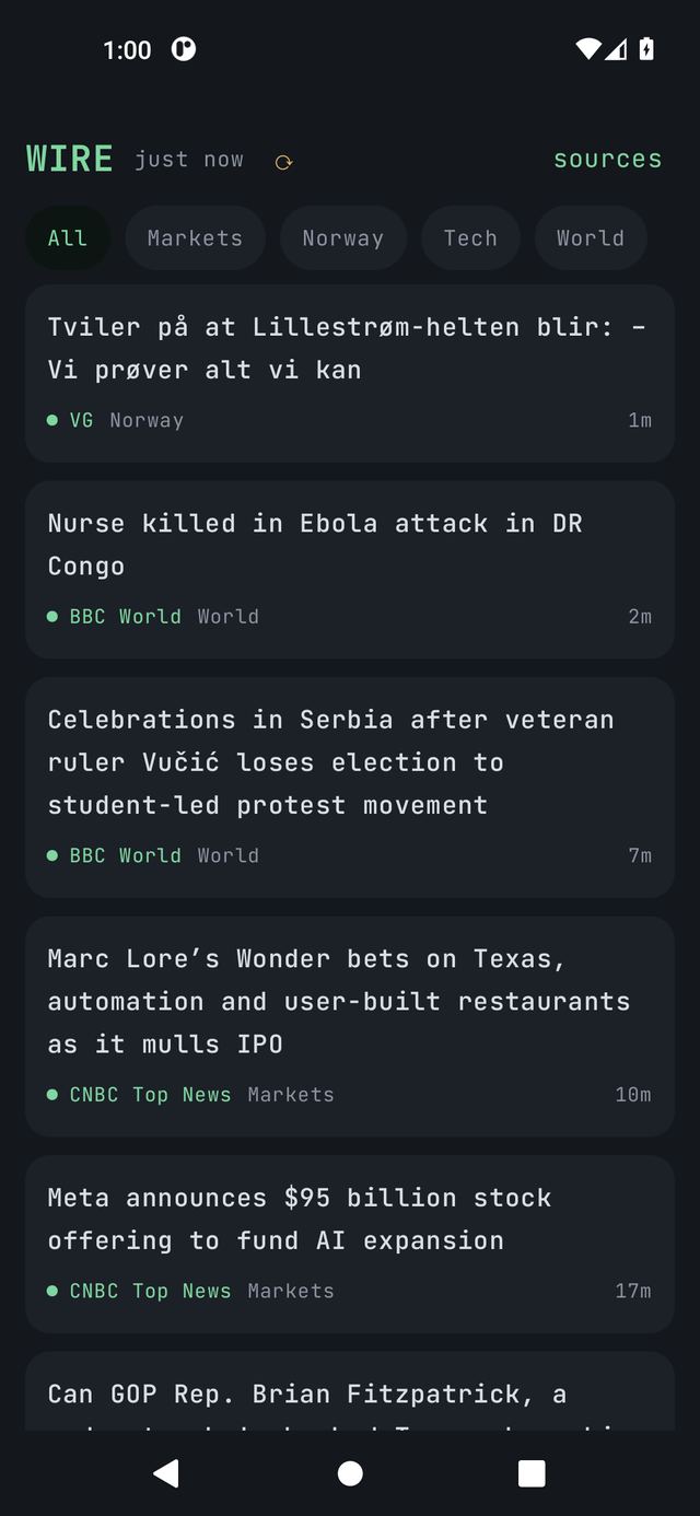 MWM Wire: a headline feed on a dark deck with topic chips and live news cards with source and age