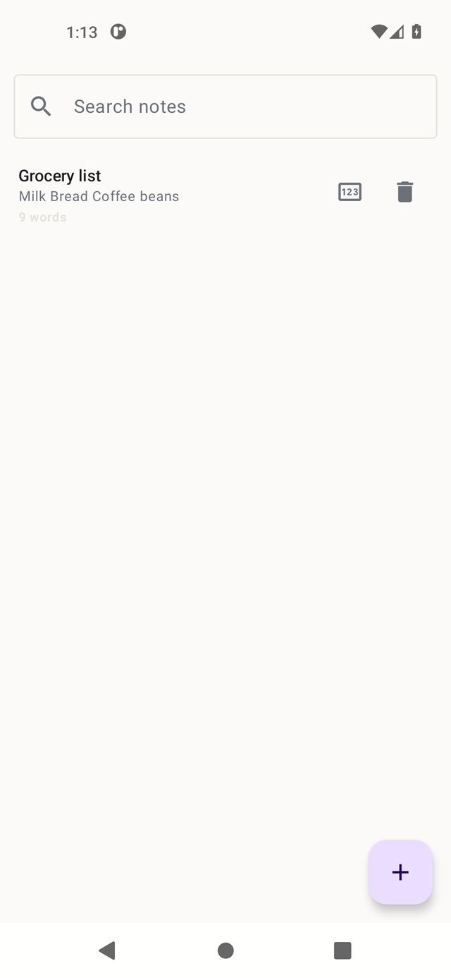 MWM Writer: a notes list with one note card titled Grocery list and a search box on top